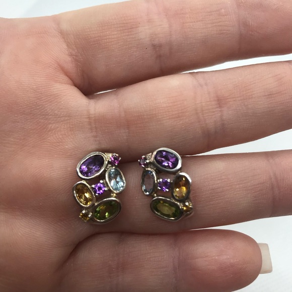 Sterling faceted multi gemstone pierced earrings - Picture 3 of 3